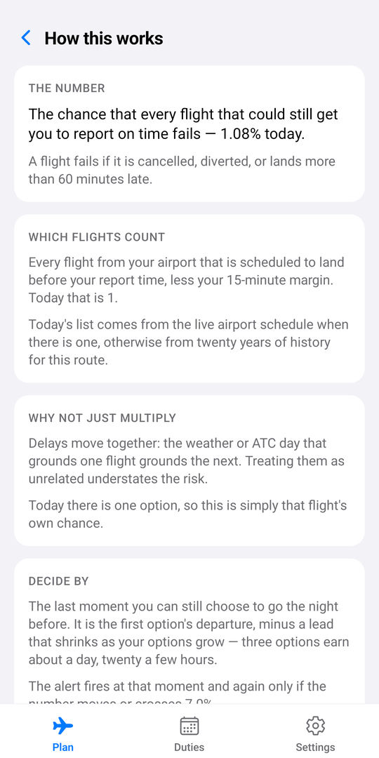 The How this works screen, explaining what the number covers, which flights count, and why the app does not simply multiply.