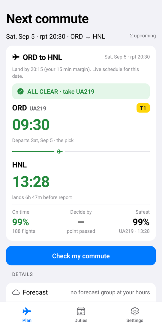 The Plan tab: ORD to HNL, ALL CLEAR, take UA219, departing 09:30, 99% on time on 188 flights.